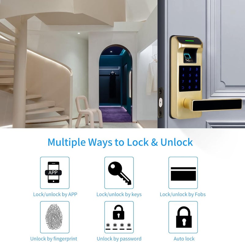 HARFO Fingerprint Door Lock, Heavy Duty Full APP Control Touchscreen Keypad Keyless Lock with Reversible Handle, Perfect for Home/Office/Bedroom Doors (Gold) - Image 3